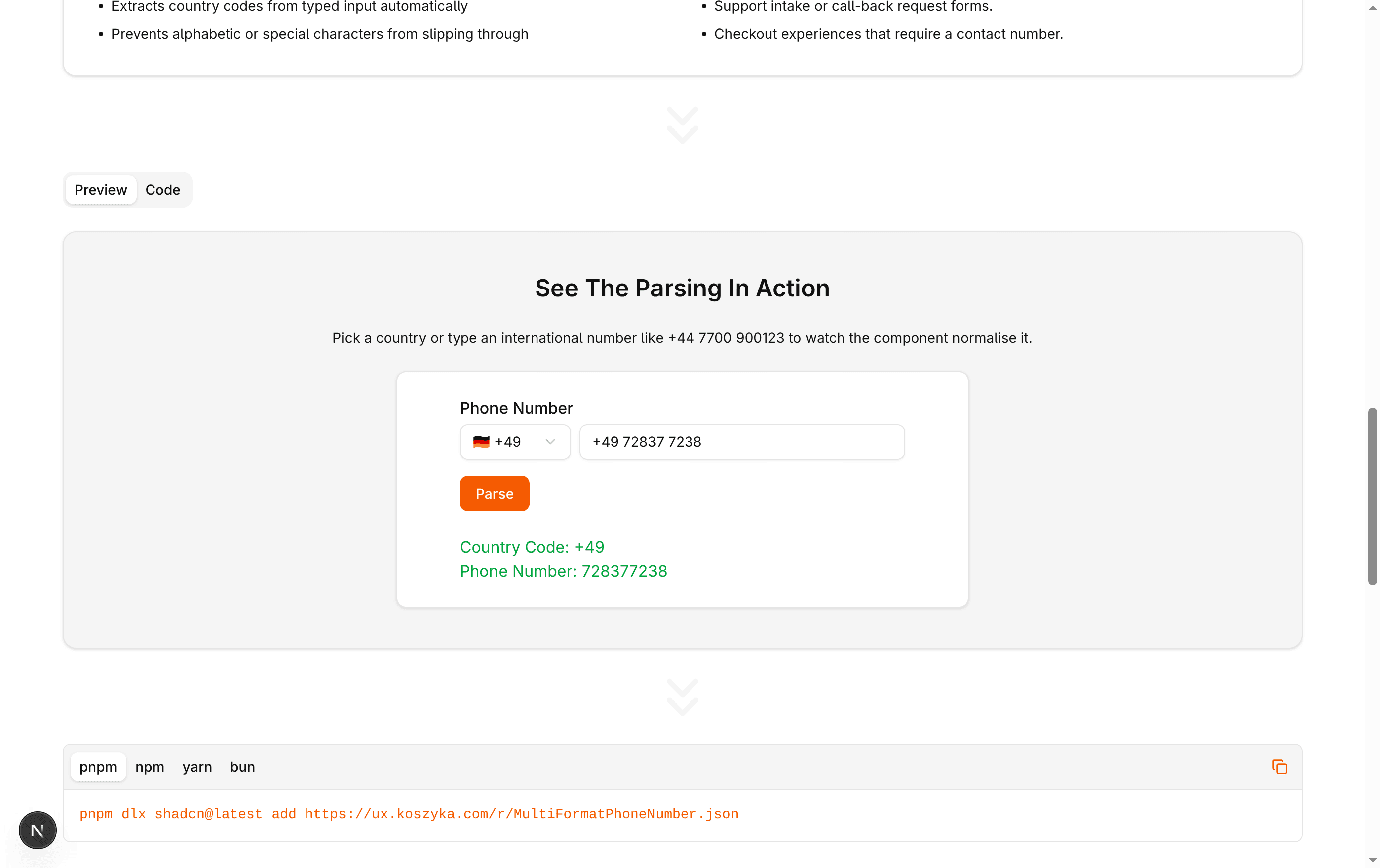 Phone number form preview